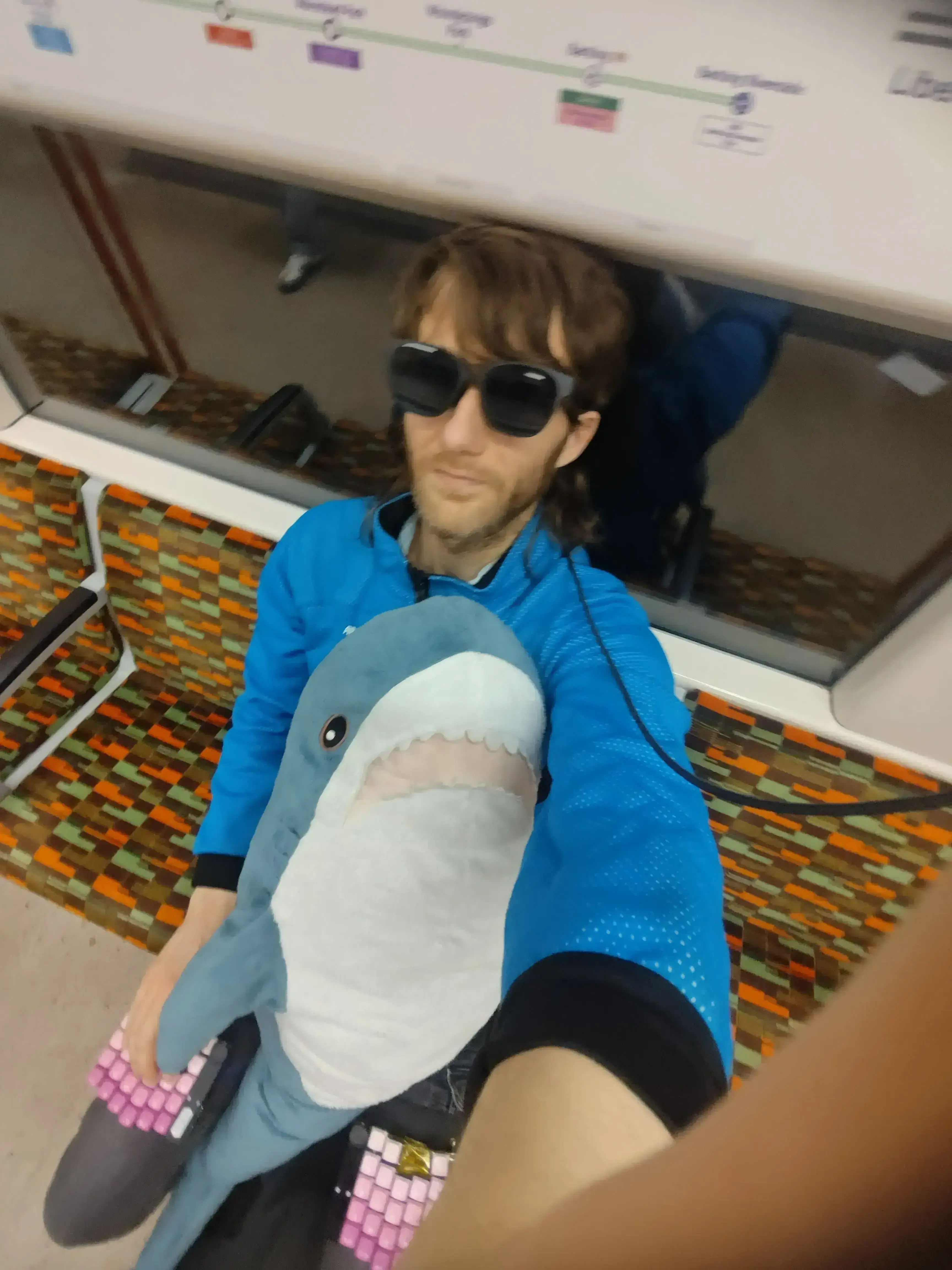 keyboards attached to thighs, AR glasses on face. Blahaj to mark me as a
coder.